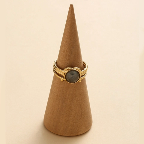 Vintage Verstelbare Ring Van Roestvrij Staal Verguld Met Ronde Grijze Steen Boho Gevlochten Ontwerp Met Meerdere Lagen