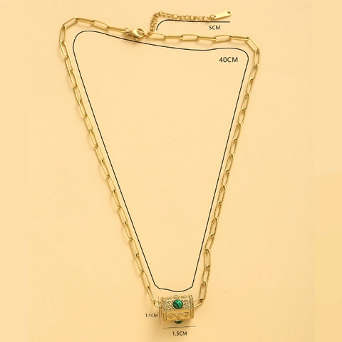 Collana Vintage In Acciaio Inossidabile Donna Ciondolo Cilindrico Verde Malachite Zircone Catena Maglia Graffetta Gioielli Boho