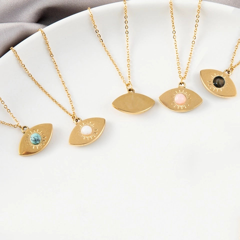 Evil Eye Hanger Ketting Roestvrij Staal Met Natuursteen Zonnestraal Textuur Boheemse Vintage Sieraden Voor Dames