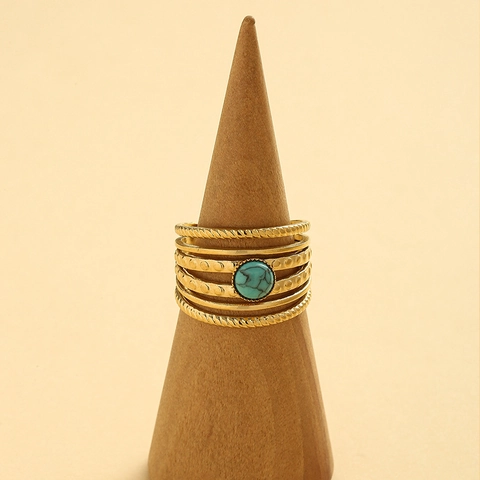 Wide Open Ring 14K Gold Plated Stainless Steel Faux Turquoise Multi Layer Adjustable Twist Texture For Women