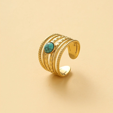 Wide Open Ring 14K Gold Plated Stainless Steel Faux Turquoise Multi Layer Adjustable Twist Texture For Women