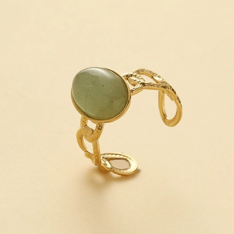 Vintage Stainless Steel Adjustable Ring For Women Retro Gold Plated Hollow Chain Design With Oval Green Stone