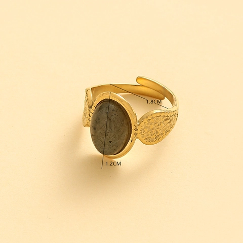 Anillo Aperto Regolabile In Acciaio Inossidabile Vintage Da Donna Con Pietra Naturale Grigia Ovale Martellata Oro