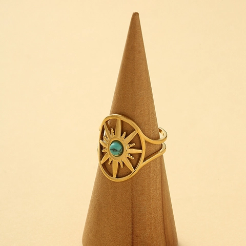 Anello Turchese Stella Acciaio Inossidabile Placcato Oro 14K Boho Vintage Traforato Sole Aperto Regolabile Da Donna