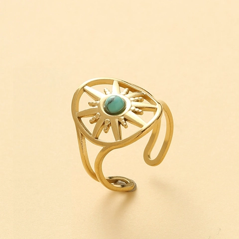 Anello Turchese Stella Acciaio Inossidabile Placcato Oro 14K Boho Vintage Traforato Sole Aperto Regolabile Da Donna