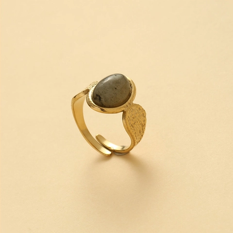 Anillo Aperto Regolabile In Acciaio Inossidabile Vintage Da Donna Con Pietra Naturale Grigia Ovale Martellata Oro