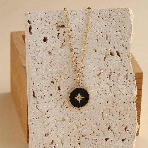 Collana Pendente Stella Acciaio Inossidabile Placcato Oro 14K Zircone Smaltato Tondo Gioielli Cielo Stellato Per Donne