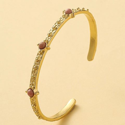 Roestvrijstalen Cuff Armband Natuursteen Inleg Gehamerde Textuur Vintage Westerse Stijl Retro Open Bangle Voor Dames