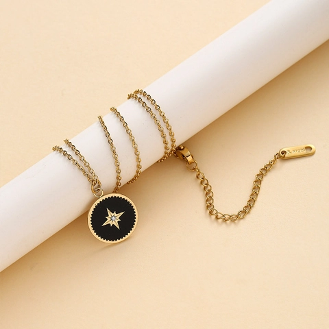 Collana Pendente Stella Acciaio Inossidabile Placcato Oro 14K Zircone Smaltato Tondo Gioielli Cielo Stellato Per Donne