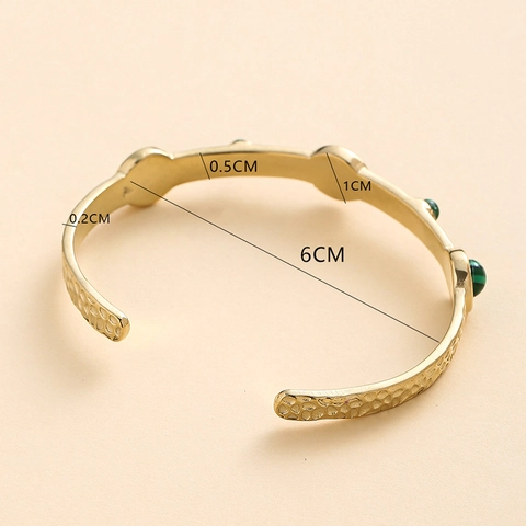 Stainless Steel Cuff Bracelet With Green Turquoise Inlaid Hammered Texture Open Adjustable Bohemian Vintage Style For Women