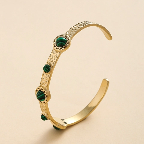 Stainless Steel Cuff Bracelet With Green Turquoise Inlaid Hammered Texture Open Adjustable Bohemian Vintage Style For Women