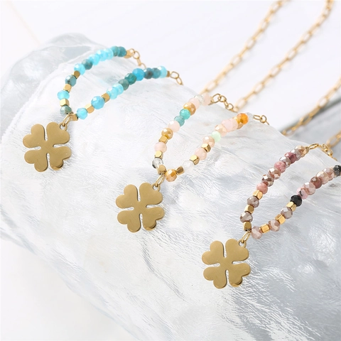 Four Leaf Clover Pendant Necklace Stainless Steel Gold Plated Colorful Beads Handmade Ethnic Choker Jewelry For Women