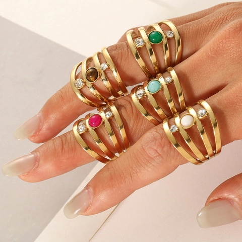 Multi-Layer Offener Ring Edelstahl Vergoldet Naturstein Straß Verstellbar Hohl Geometrischer Schmuck Für Damen