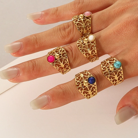 Vintage Hollow Out Adjustable Rings Stainless Steel Bohemian Ethnic Oval Colorful Faux Stone Jewelry For Women