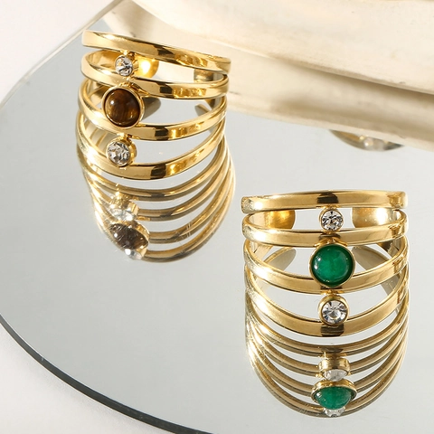 Multi-Layer Offener Ring Edelstahl Vergoldet Naturstein Straß Verstellbar Hohl Geometrischer Schmuck Für Damen