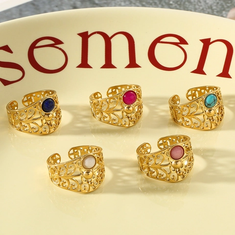 Vintage Hollow Out Gold Plated Stainless Steel Ring With Round Natural Stone Geometric Adjustable Open Band Jewelry