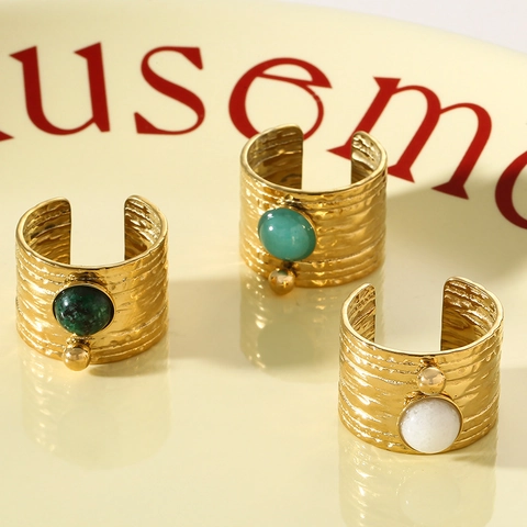 Stainless Steel Rings Gold Plated Hammered Texture Wide Band Adjustable Open Ring Round Natural Stone Inlaid Vintage Boho