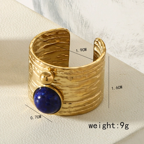 Stainless Steel Rings Gold Plated Hammered Texture Wide Band Adjustable Open Ring Round Natural Stone Inlaid Vintage Boho