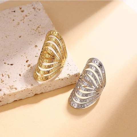 Stainless Steel Multi Layer Arched Ring Women Vintage Geometric Wide Band Hollow Dotted Texture Jewelry