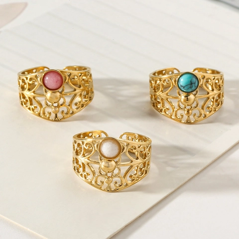 Vintage Hollow Out Adjustable Rings Stainless Steel Bohemian Ethnic Oval Colorful Faux Stone Jewelry For Women