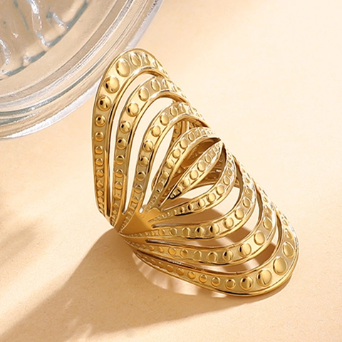 Stainless Steel Multi Layer Arched Ring Women Vintage Geometric Wide Band Hollow Dotted Texture Jewelry