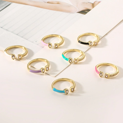 Bague Ouverte En Cuivre Émail Coloré Huile Goutte Zirconium Ajustable Bijoux De Mode Exquis Pour Femmes