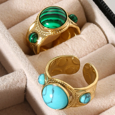 Vintage Stainless Steel Ring Women Natural Stone Malachite Turquoise Texture Hammered Adjustable Open Bohemian Jewelry