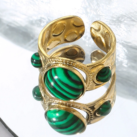 Vintage Stainless Steel Ring Women Natural Stone Malachite Turquoise Texture Hammered Adjustable Open Bohemian Jewelry