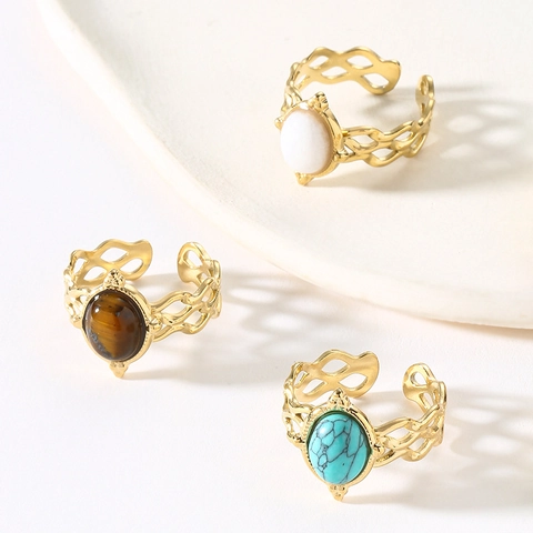 Retro Hollow Wave Stainless Steel Ring With Oval Faux Gemstone Adjustable Open Design Bohemian Style Jewelry For Women