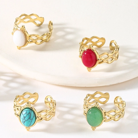 Retro Hollow Wave Stainless Steel Ring With Oval Faux Gemstone Adjustable Open Design Bohemian Style Jewelry For Women