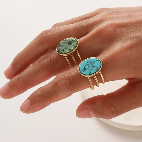 Vintage Verstellbarer Ring 18 Karat Vergoldeter Edelstahl Dreilagiges Perlenband Ovaler Naturstein Inlay Für Damen