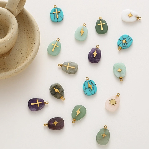 Pendentif en Acier Inoxydable Pierre Naturelle Goutte d'Eau Uniquement Sans Chaîne DIY Croix Éclair Étoile Soleil Femme