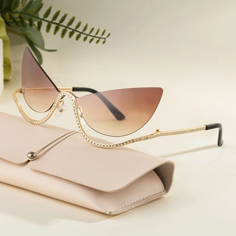 Cat Eye Sunglasses Rimless PC Lens Zinc Alloy Rhinestone UV400 Fashion Women Outdoor Eyewear Trendy
