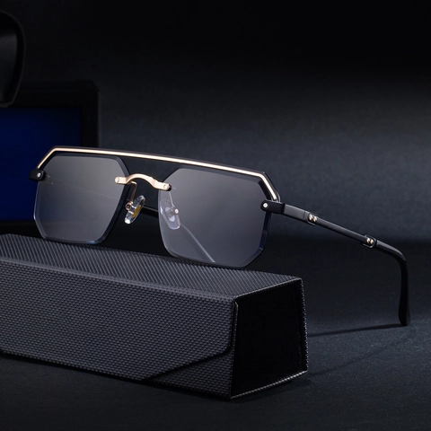 Achteckige Randlose Sonnenbrille Herren Metalldoppelsteg Geometrische Quadratische Retro Mode UV400 Schutz