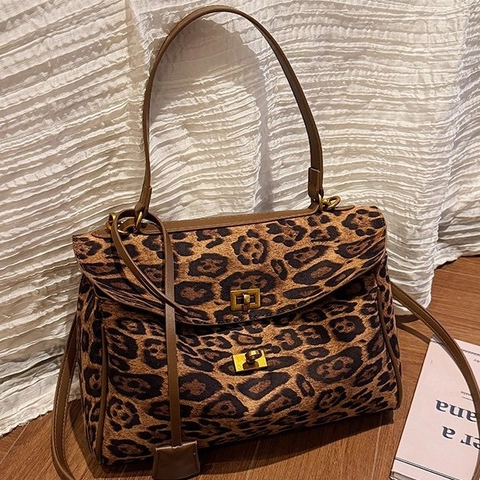 Bolso Bandolera Con Estampado De Leopardo Bolso De Mano De Cuero PU Gamuza Con Cierre Giratorio Dorado Bolso De Hombro Retro