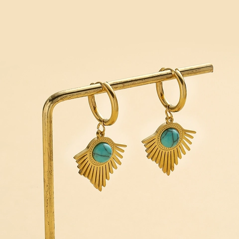 Sunburst Fan Drop Earrings Stainless Steel Gold Plated Synthetic Turquoise Bohemian Style Jewelry For Women Commuting