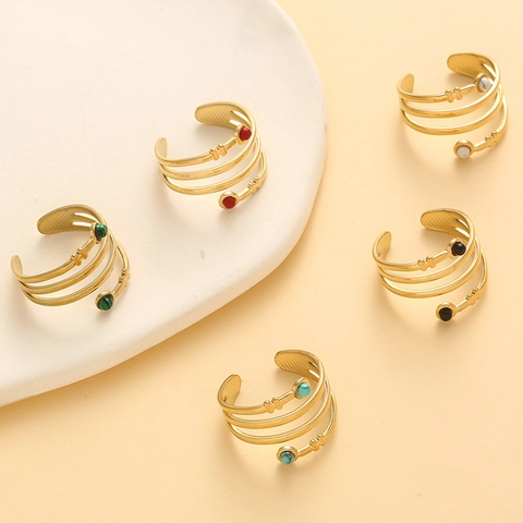 Bague Ouverte Spirale Multicouche Acier Inoxydable Plaqué Or Vintage Pierre Colorée Ajustable Bijoux Mode Pour Femmes