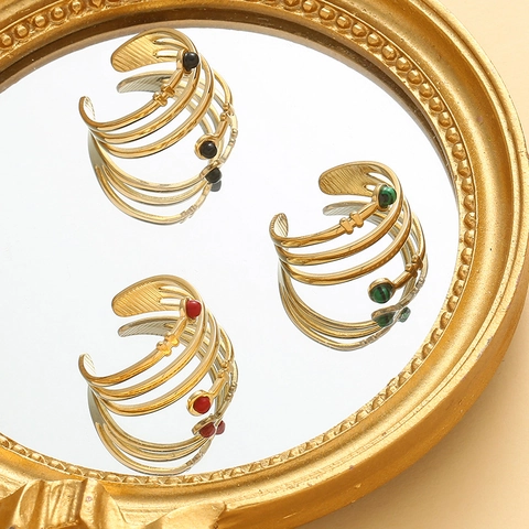 Bague Ouverte Spirale Multicouche Acier Inoxydable Plaqué Or Vintage Pierre Colorée Ajustable Bijoux Mode Pour Femmes
