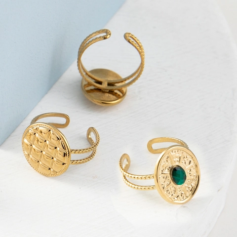 Bague Réglable Vintage Acier Inoxydable Plaqué Or 18K Zircon Pierre Précieuse Synthétique Bijoux Géométriques Femmes