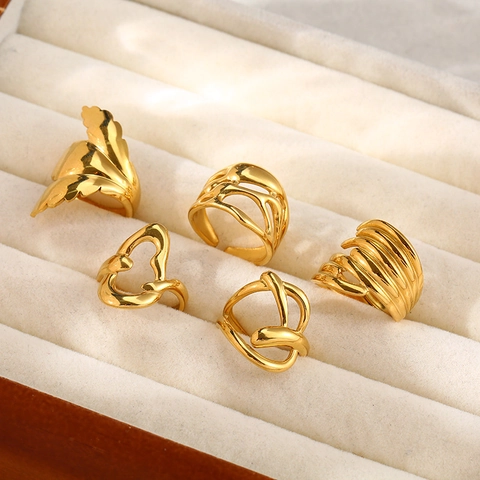 Bague Ouverte Ajustable Acier Inoxydable Plaqué Or 18K Abstrait Lave Géométrique Irrégulier Bijoux Minimalistes
