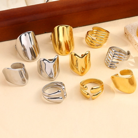 Anillo Abierto Ancho de Acero Inoxidable Estilo Occidental Chapado en Oro 18K Plata Geométrico Irregular Ajustable