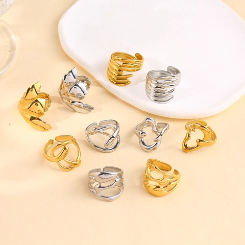 Bague Ouverte Ajustable Acier Inoxydable Plaqué Or 18K Abstrait Lave Géométrique Irrégulier Bijoux Minimalistes