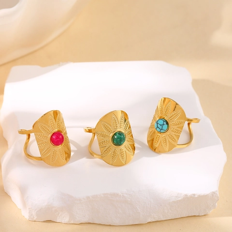 Bohemian Stainless Steel Adjustable Open Ring Natural Stone Inlaid Sunburst Engraved Vintage Ethnic Jewelry For Women