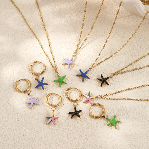 Collier Et Boucles D'oreilles Créoles Étoile De Mer Acier Inoxydable Émail Coloré Femmes Vacances Bord De Mer Style INS