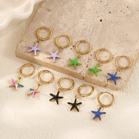 Collier Et Boucles D'oreilles Créoles Étoile De Mer Acier Inoxydable Émail Coloré Femmes Vacances Bord De Mer Style INS