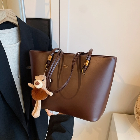 Borsa Tote Da Donna In Pelle PU Grande Capacità Borsa A Tracolla Minimalista Con Ciondolo A Orsetto Casual