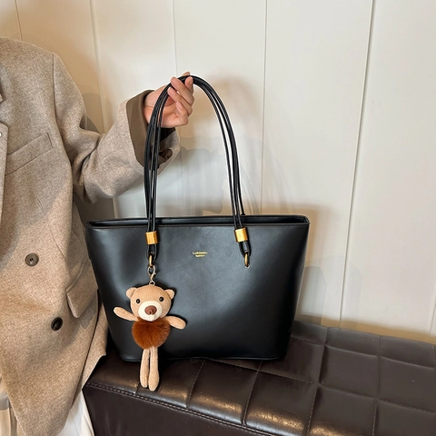 Borsa Tote Da Donna In Pelle PU Grande Capacità Borsa A Tracolla Minimalista Con Ciondolo A Orsetto Casual