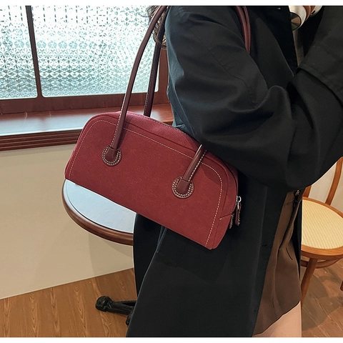 Borsa A Spalla Vintage In Pelle Scamosciata Donna Stile Boston Retrò Con Cuciture Bianche A Contrasto Zip