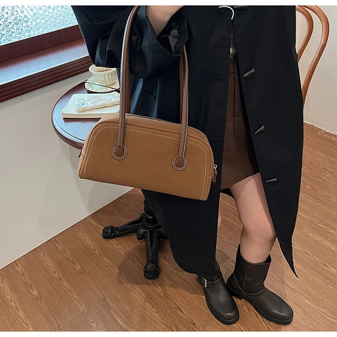 Borsa A Spalla Vintage In Pelle Scamosciata Donna Stile Boston Retrò Con Cuciture Bianche A Contrasto Zip