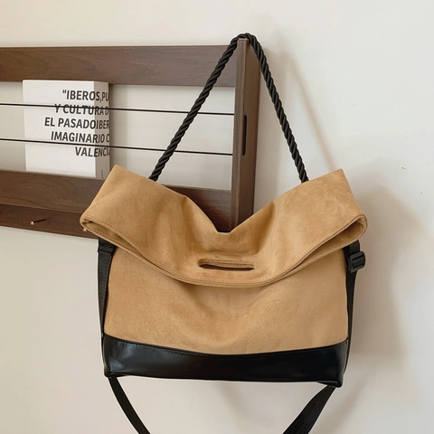 Bolso Tote Grande Cuero PU Y Ante Empalmado Color De Contraste Asa De Cuerda Trenzada Correa Ancha Ajustable Retro Mujer